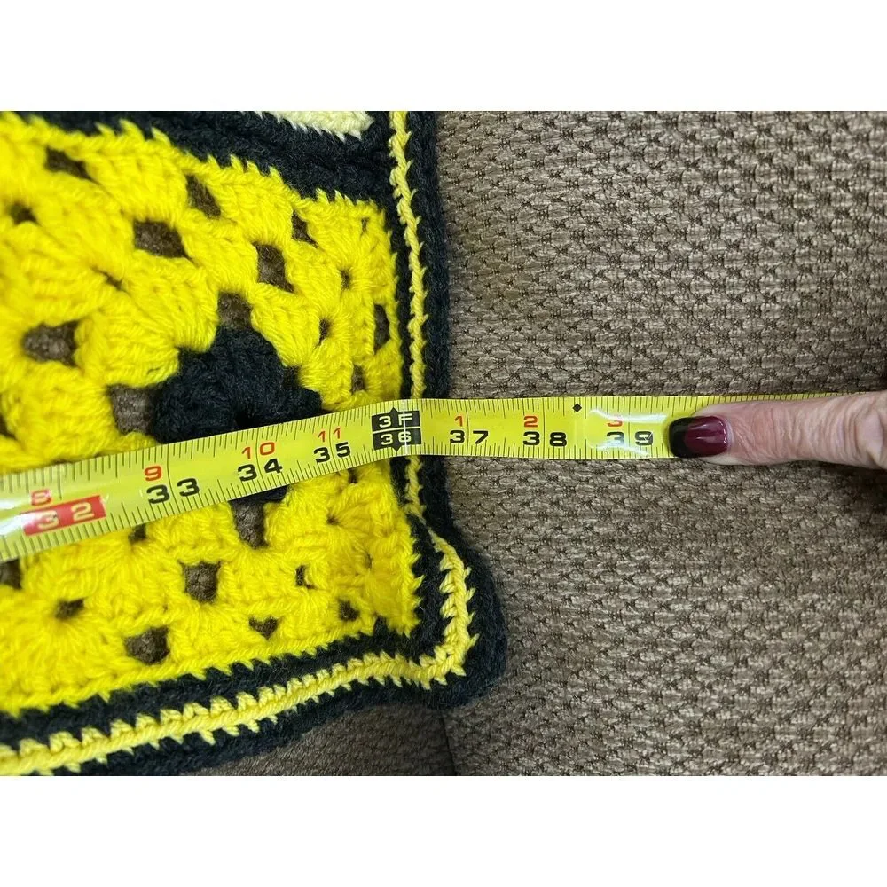 Vintage 70s Colorful Yellow‎ Granny Square Crochet Afghan Throw Blanket 60X36